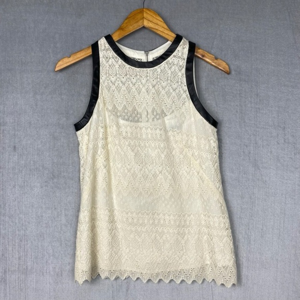 Nanette Lepore Tank Womens 0 Ivory Lace Leather Trim Romantic Victorian USA Made
